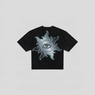 CLB XXIII Godspeed JFK to MIA black wash cotton t-shirt featuring a metallic sun and eye graphic on the back