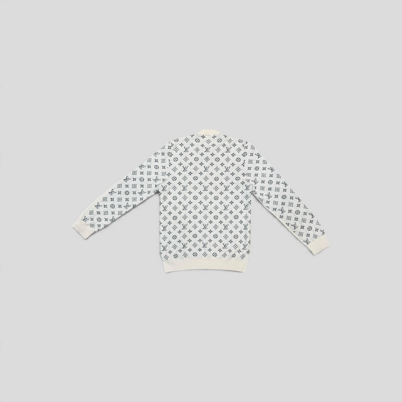 CLB XXIII Louis Vuitton white cashmere sweater featuring a black half monogram pattern on the back view.