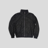 CLB XXIII black Louis Vuitton lamb leather tracksuit jacket featuring an embossed monogram pattern and zip front