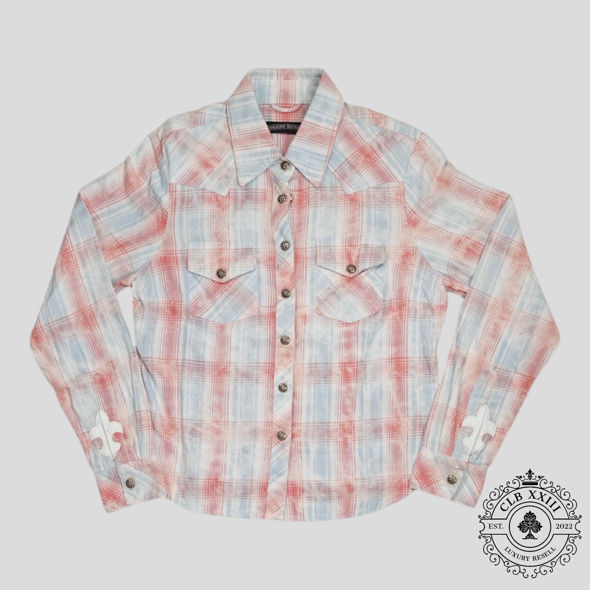 Chrome Hearts Women's Fleur Patch Flannel Shirt in Red/Blue