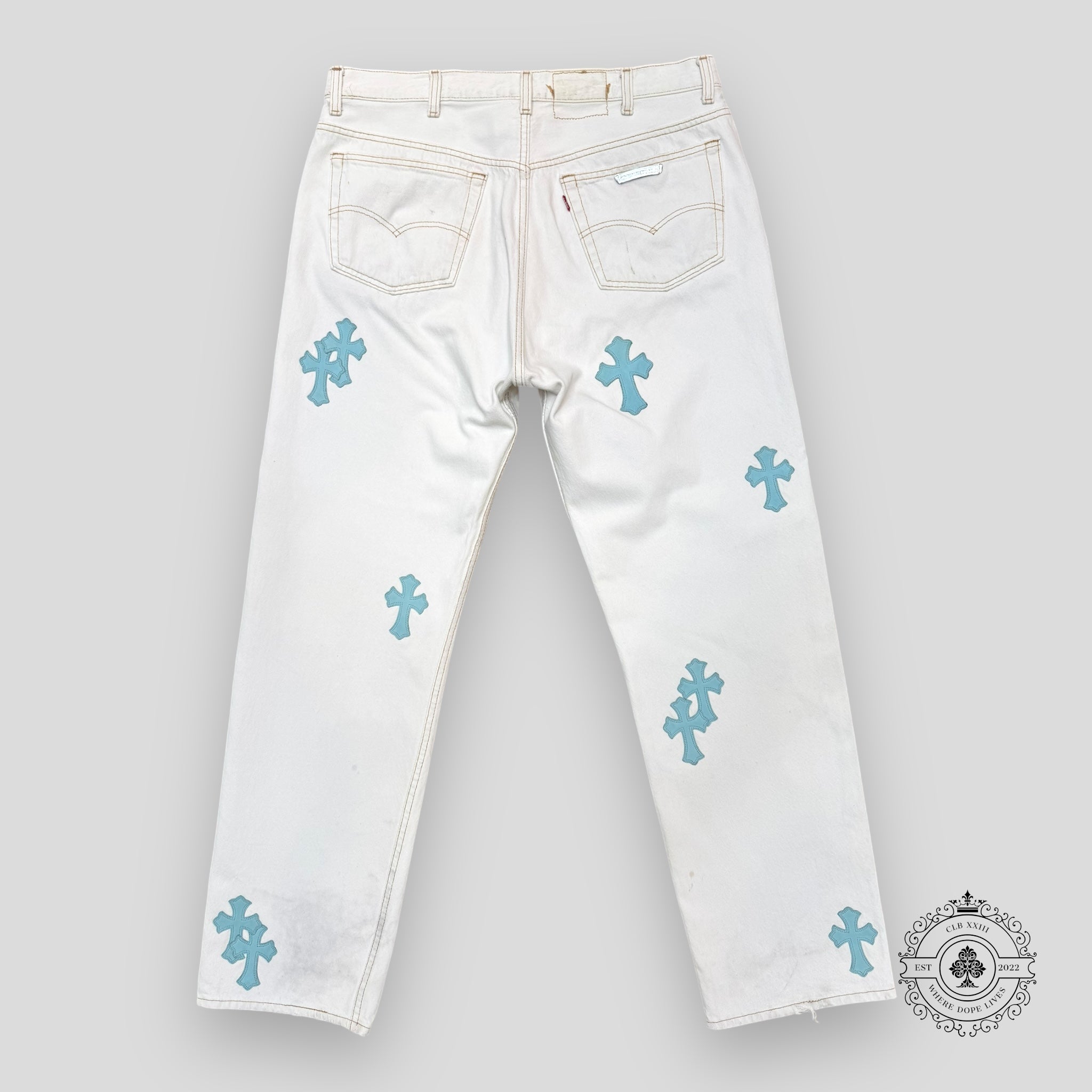 Chrome Hearts Cross Patch Jeans in White / Blue
