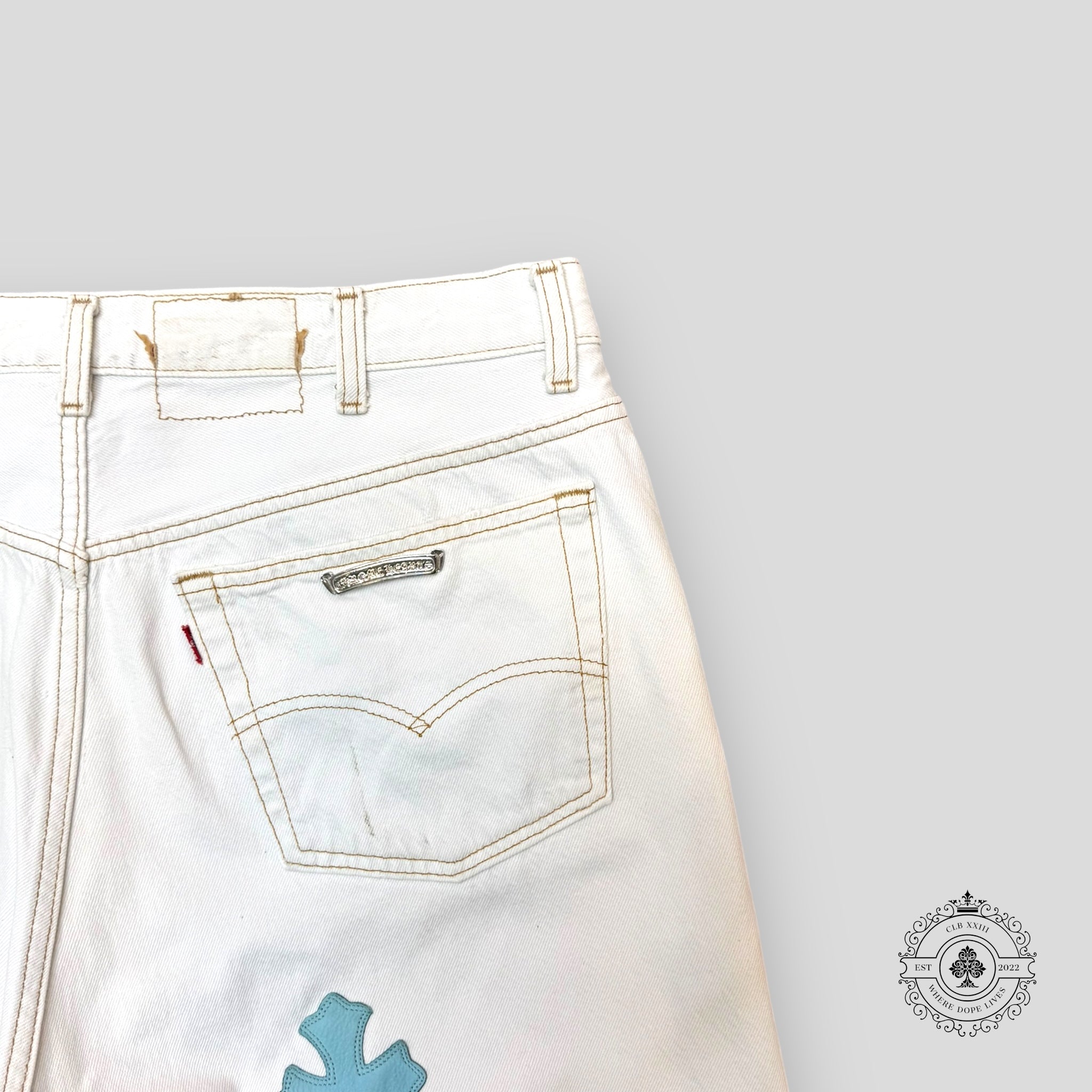 Chrome Hearts Cross Patch Jeans in White / Blue