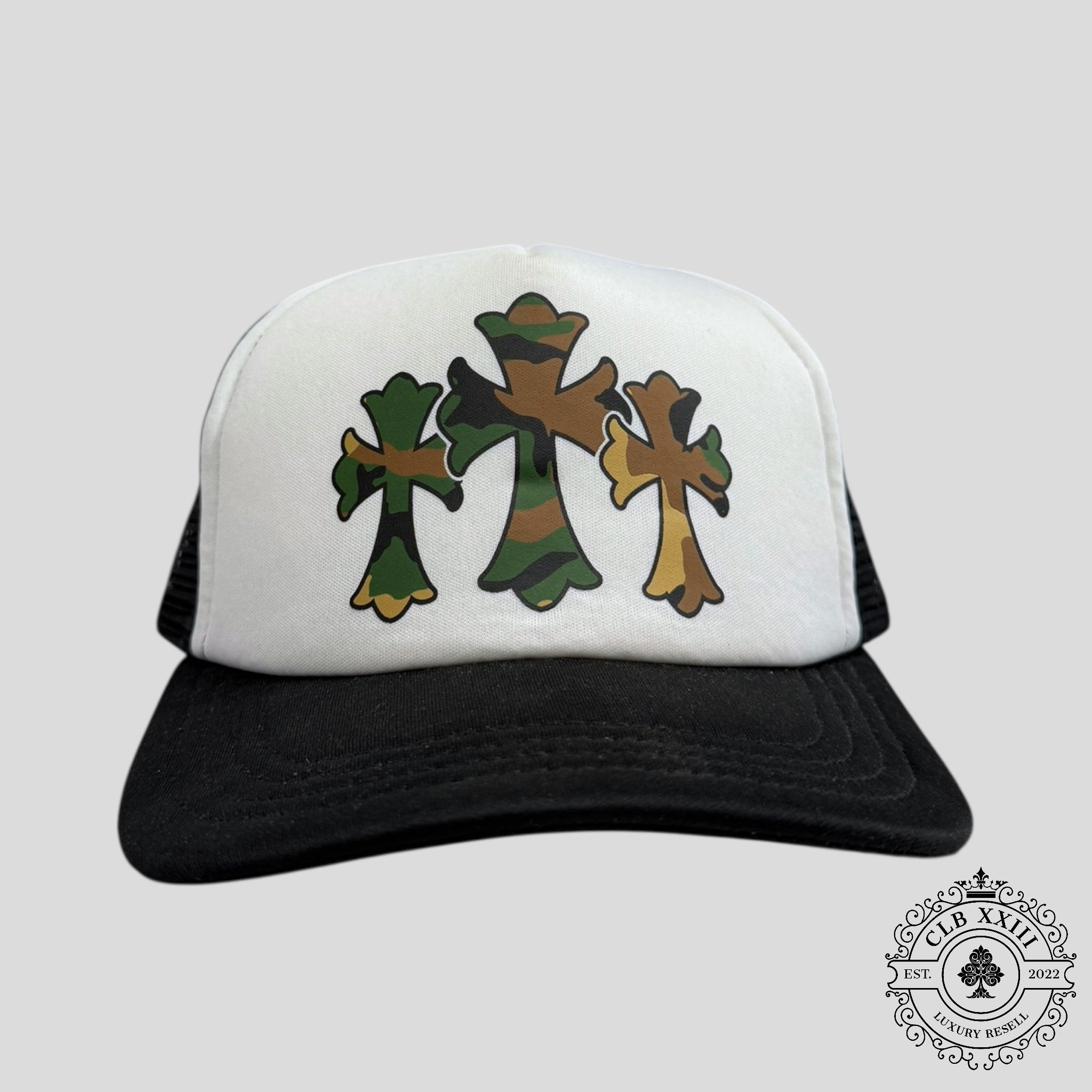 Chrome Hearts Triple Cross Trucker Hat in Black / Camo