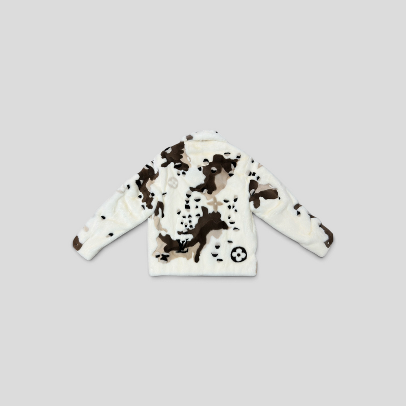 CLB XXIII Louis Vuitton white and brown camo mink fur jacket with monogram pattern, back view.