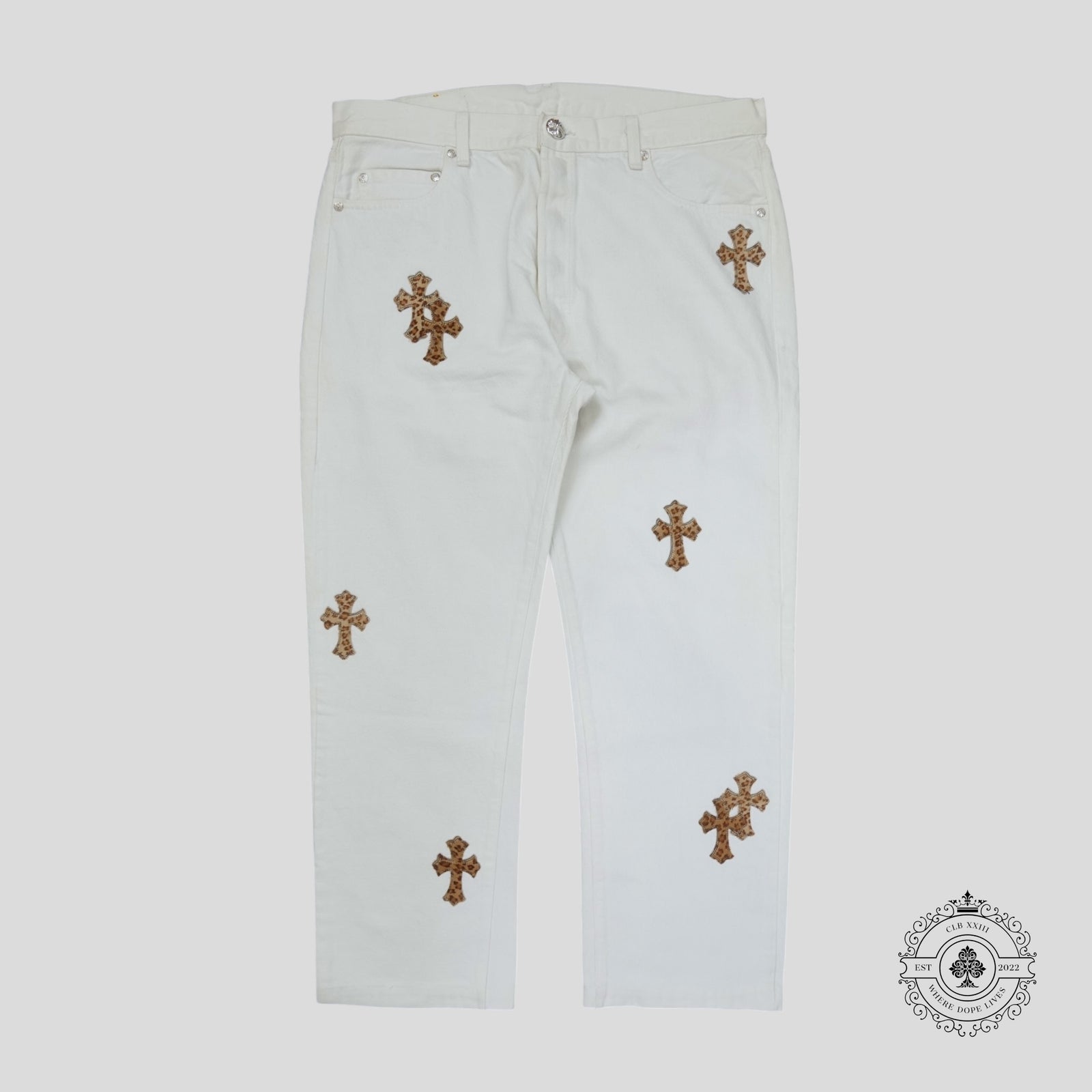 Chrome Hearts Levis Cross Patch Jeans in White / Leopard
