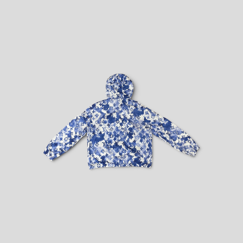 CLB XXIII Louis Vuitton blue and white watercolor monogram hooded windbreaker in polyamide fabric, back view