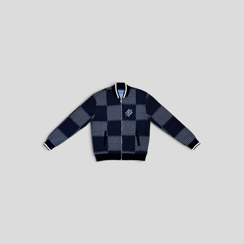 CLB XXIII Louis Vuitton navy blue quilted cotton bomber jacket with Damier pattern and front zip closure.