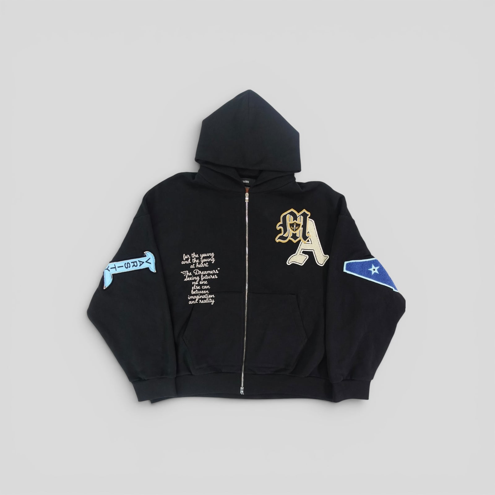Amiri Varsity Patch Oversized Zip Up Hoodie in Black