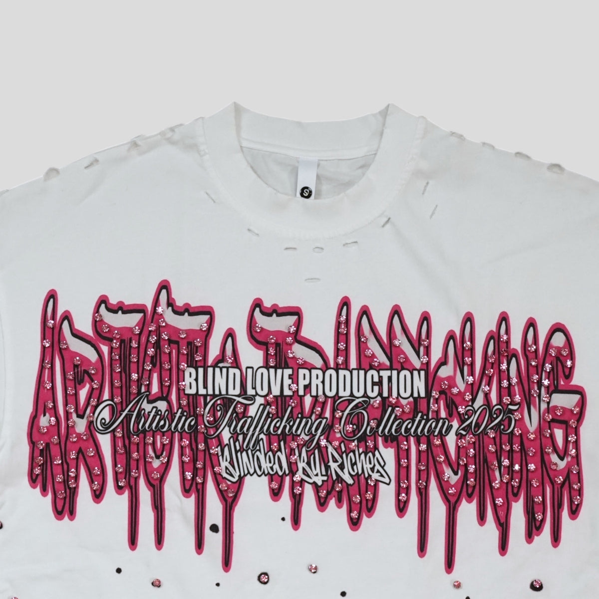 Blind Love Artistic Trafficking Rhinestone T-Shirt in White/Pink