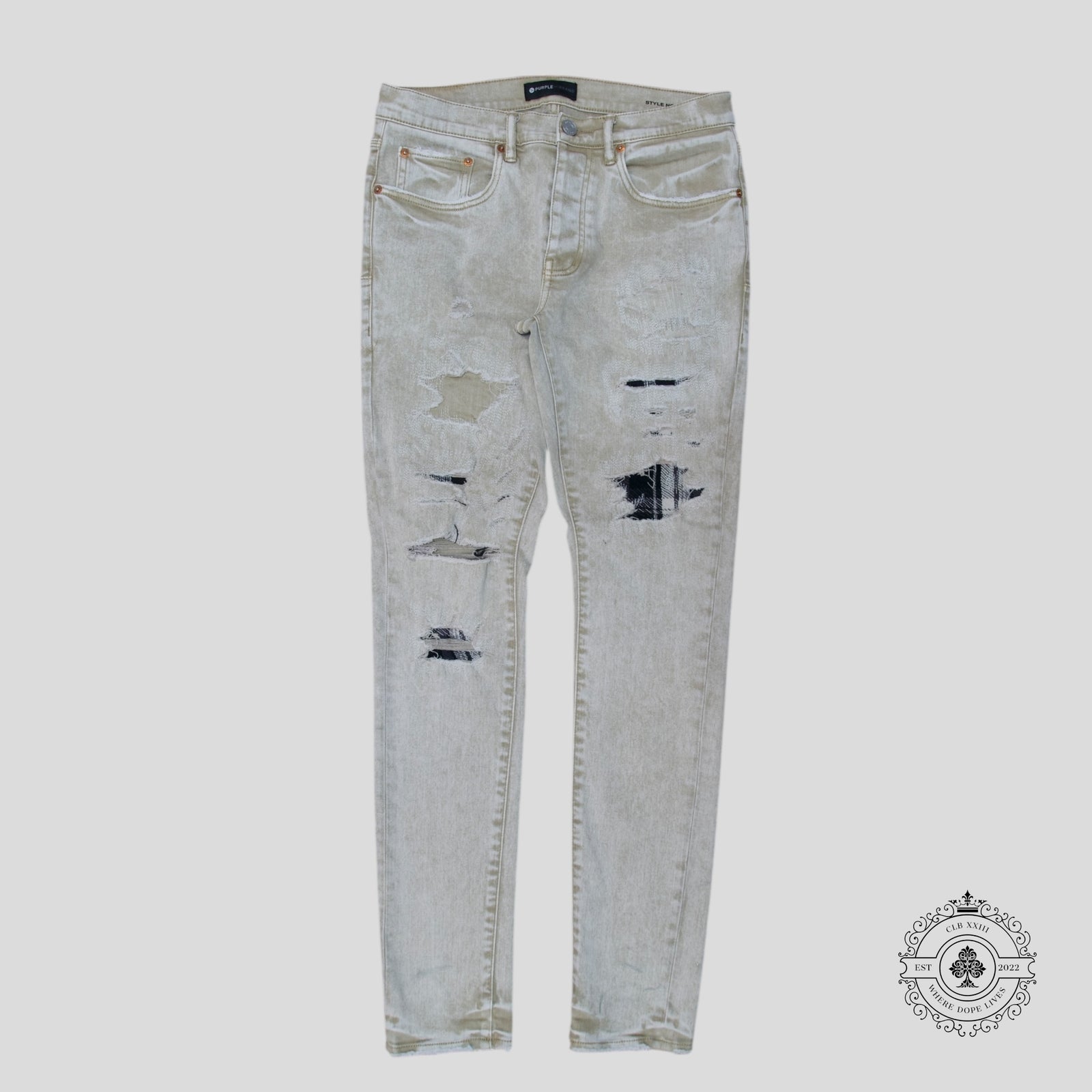 Purple Brand P001 Flannel Patch Skinny Jeans in Khaki - Preowned