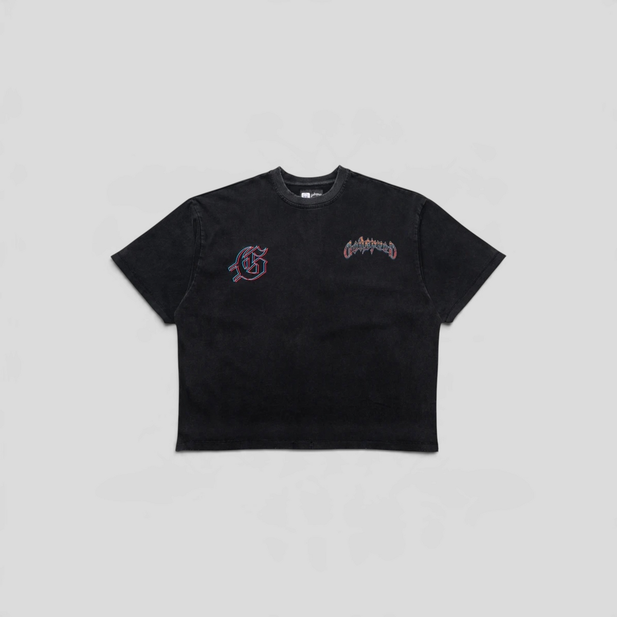 CLB XXIII Godspeed Natural Disaster black wash cotton t-shirt with graphic chest prints