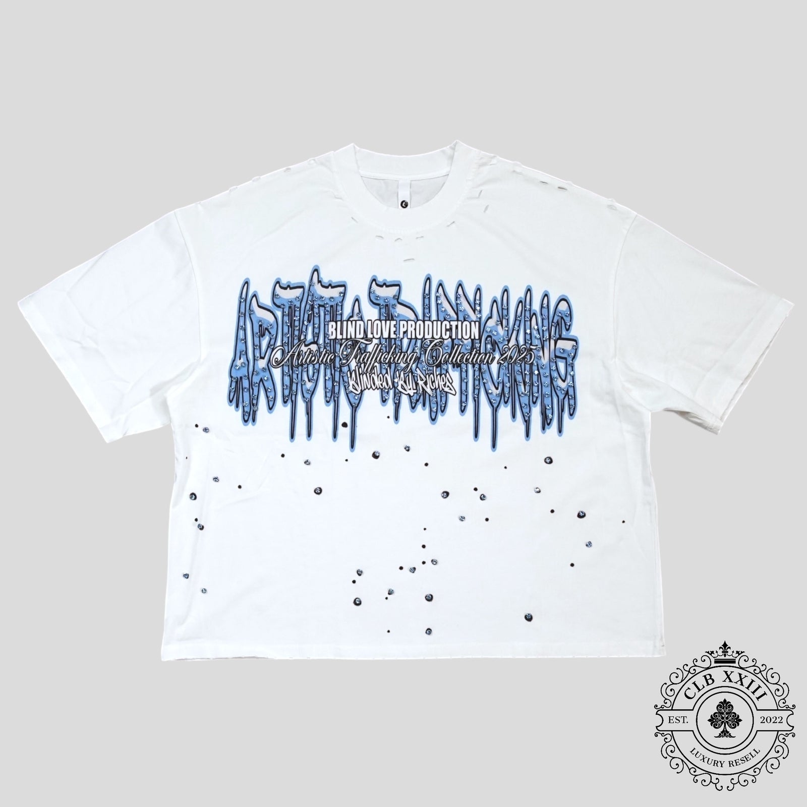 Blind Love Artistic Trafficking Rhinestone T-Shirt in White/Blue