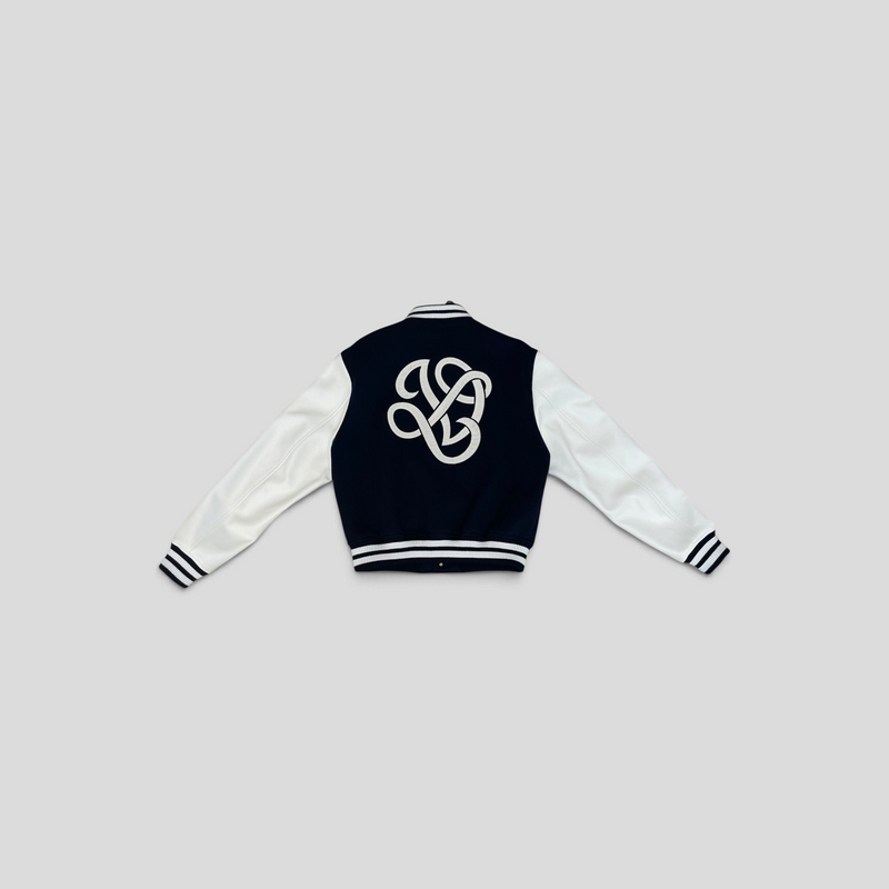 CLB XXIII Louis Vuitton navy wool and white calfskin leather varsity jacket with back logo embroidery