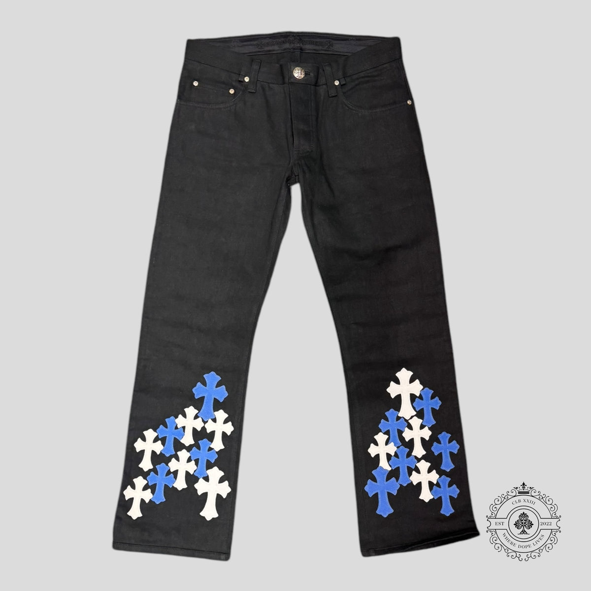 Chrome Hearts Cross Patch Pants in Blue / White