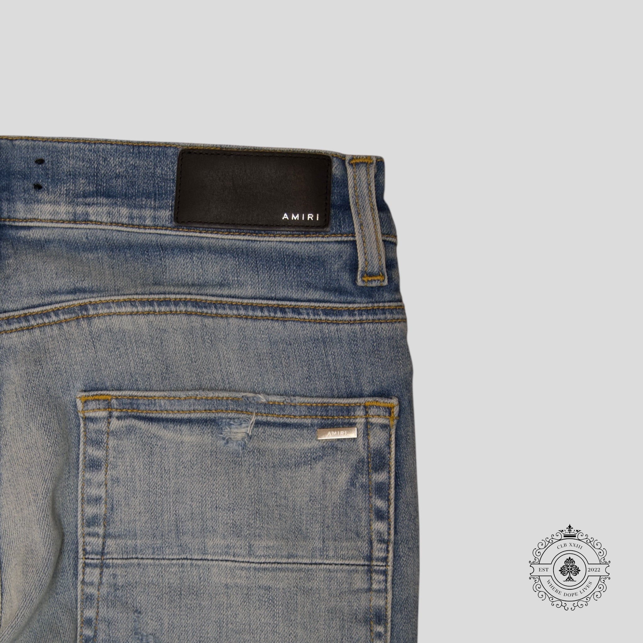 Amiri MX1 Silk PJ Patch Jeans in Light Indigo