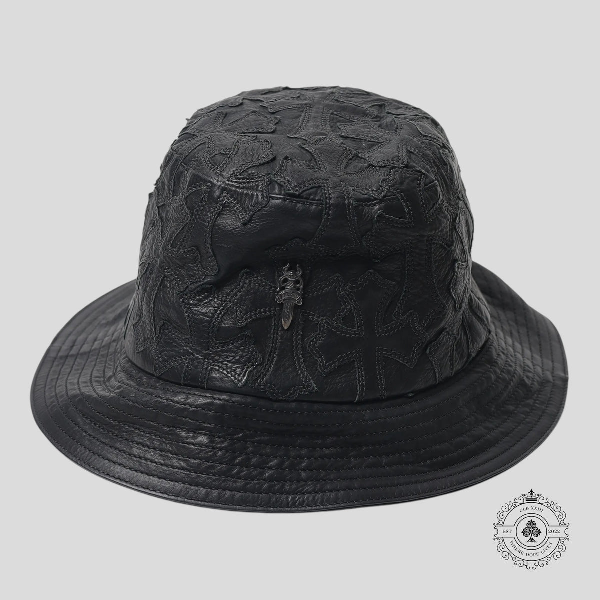 Chrome Hearts Cross Leather Patch Bucket Hat in Black