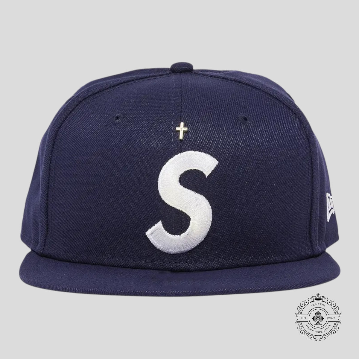 Supreme Gold Cross S Logo New Era Fitted Hat in Navy