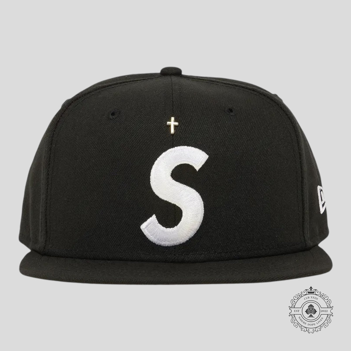 Supreme Gold Cross S Logo New Era Fitted Hat in Black