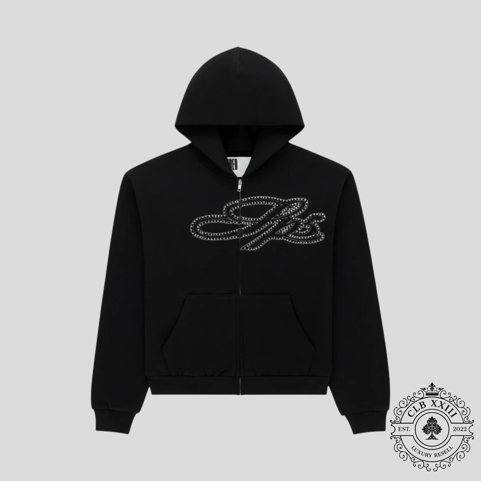Sp5der Rhinestone Script Zip Up Hoodie in Black