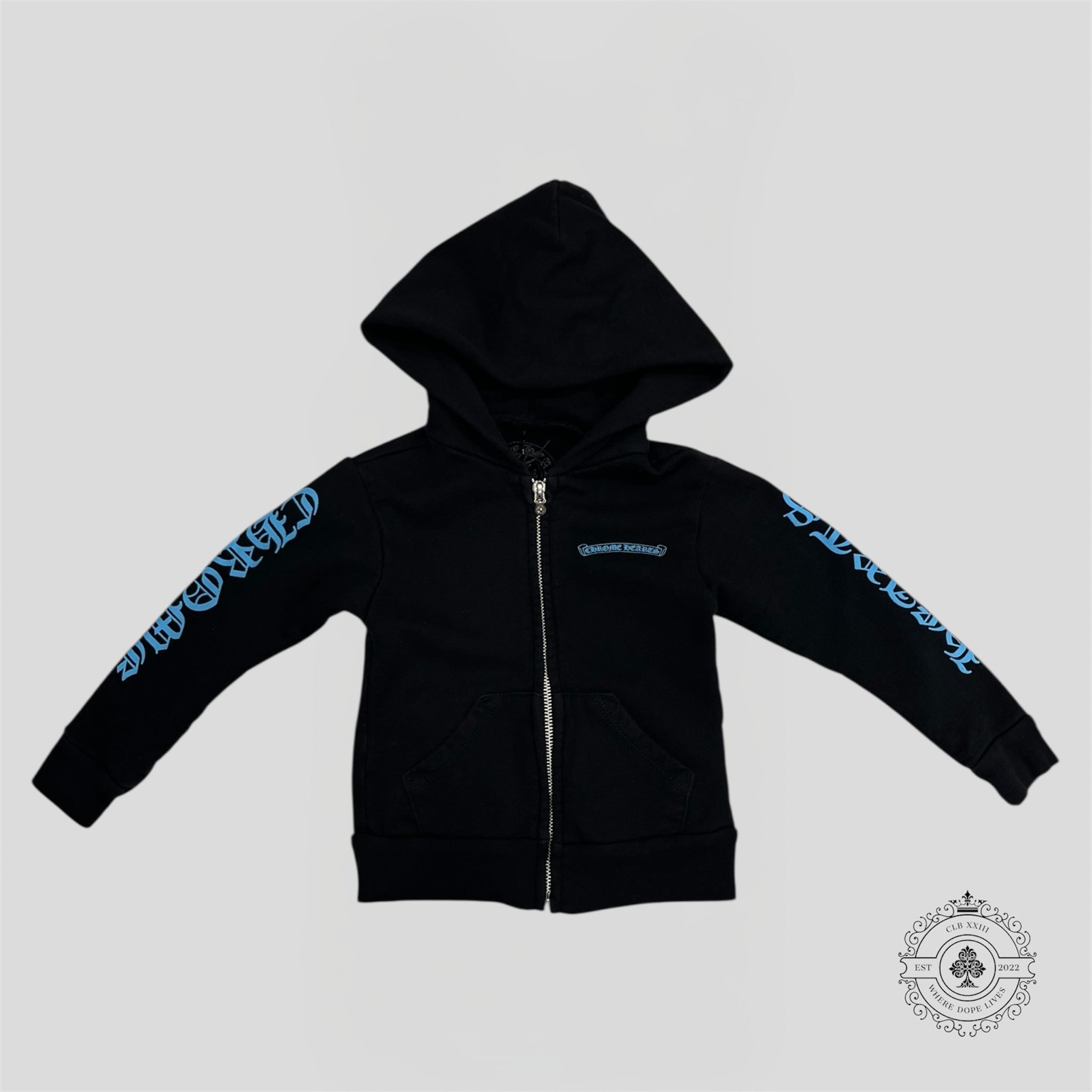 Chrome Hearts Scroll Logo Zip Up Kids Hoodie in Black/Blue