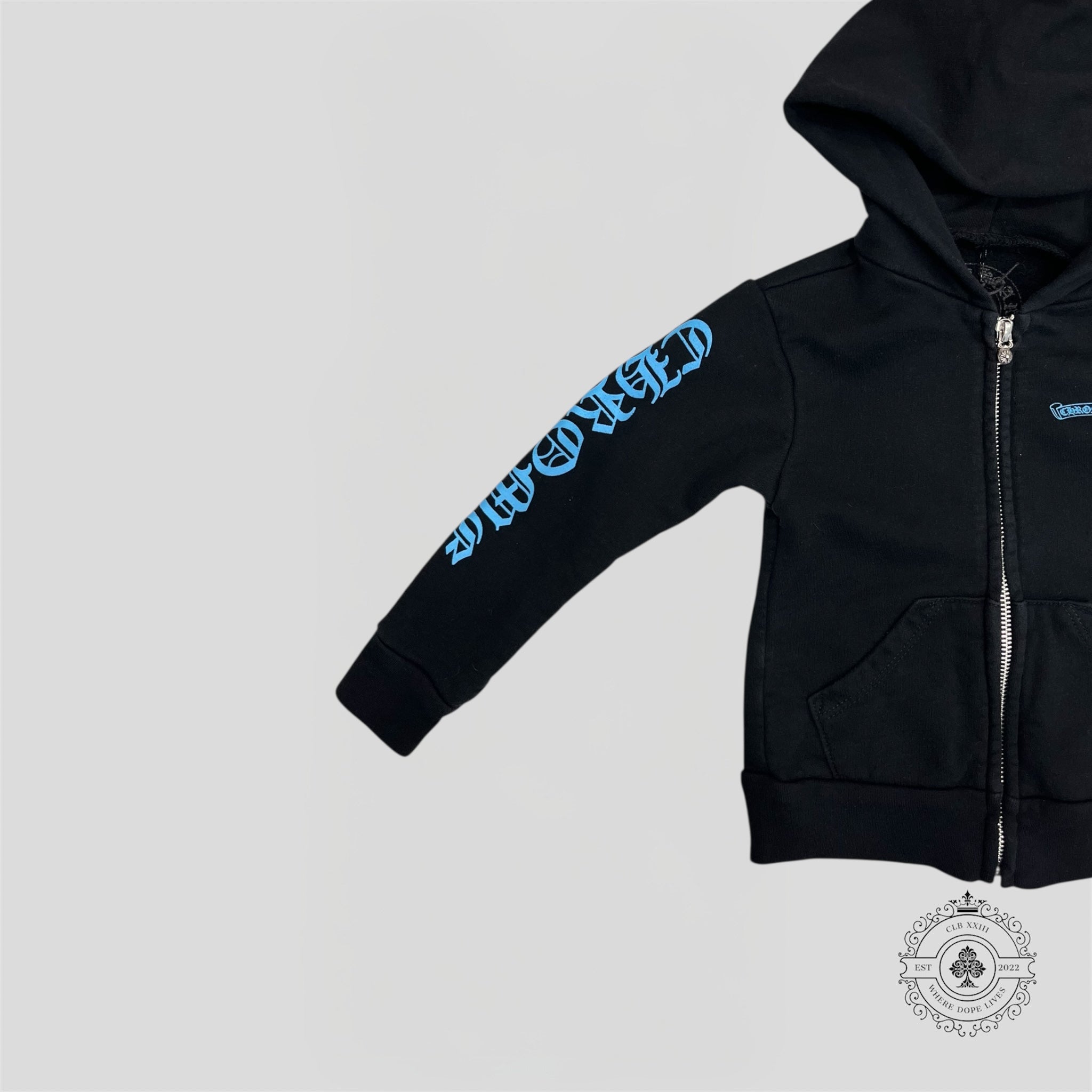 Chrome Hearts Scroll Logo Zip Up Kids Hoodie in Black/Blue
