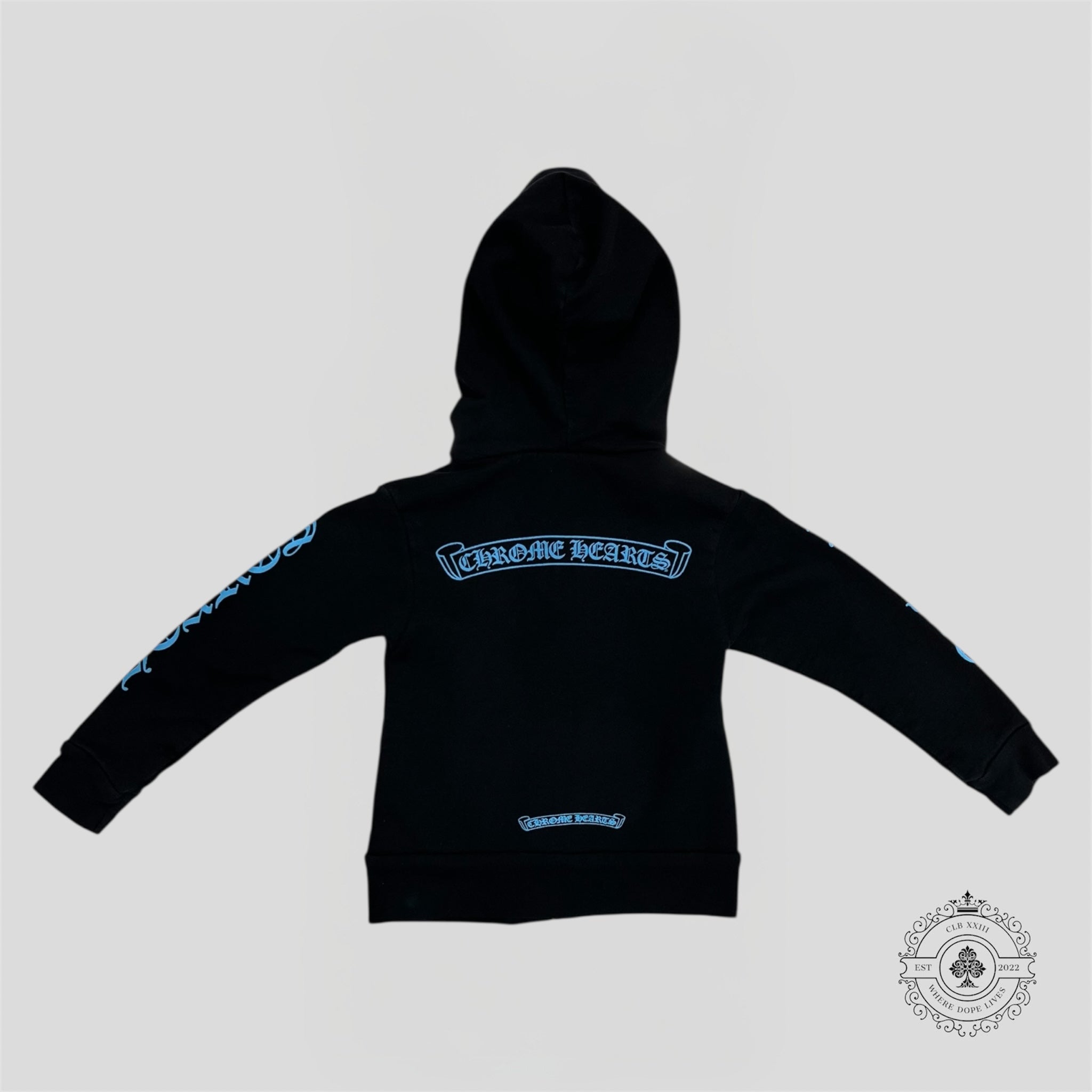 Chrome Hearts Scroll Logo Zip Up Kids Hoodie in Black/Blue