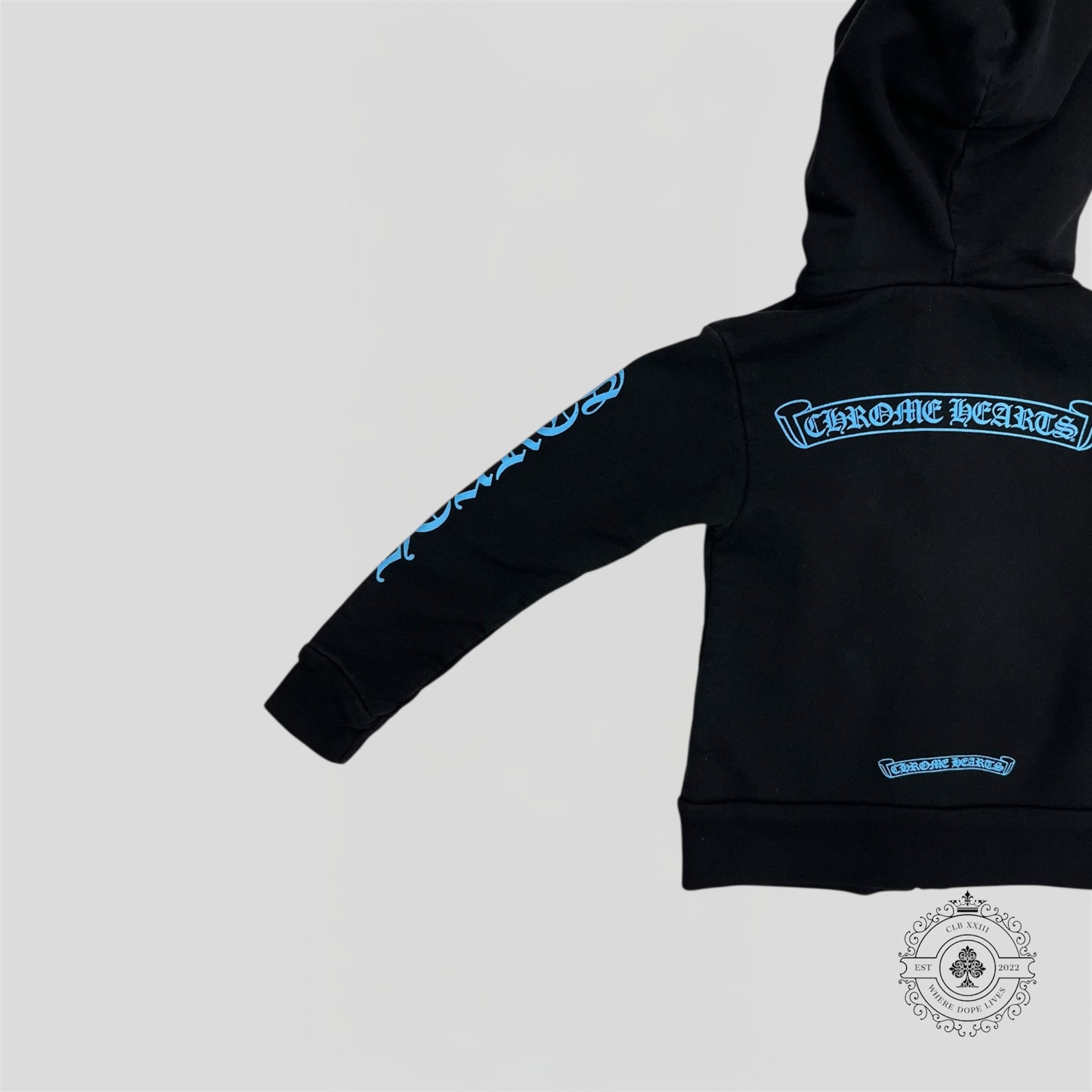 Chrome Hearts Scroll Logo Zip Up Kids Hoodie in Black/Blue