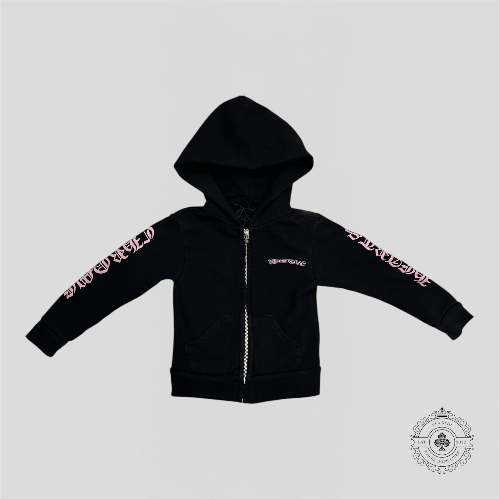 Chrome Hearts Scroll Logo Zip Up Kids Hoodie in Black/Pink