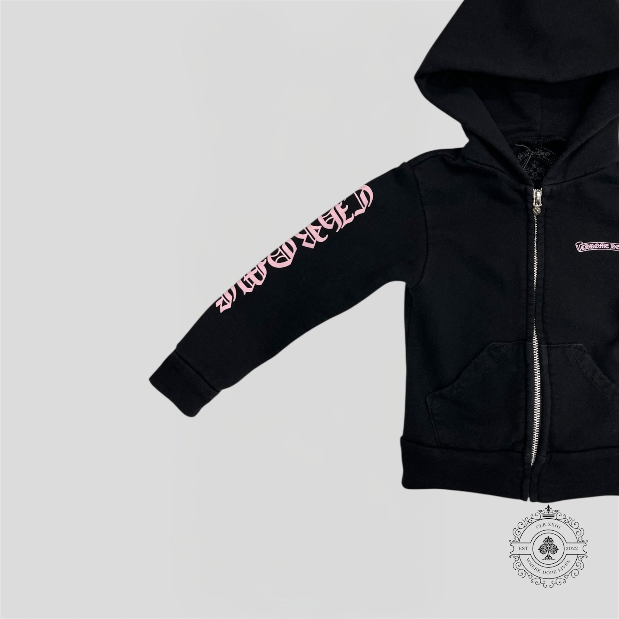 Chrome Hearts Scroll Logo Zip Up Kids Hoodie in Black/Pink