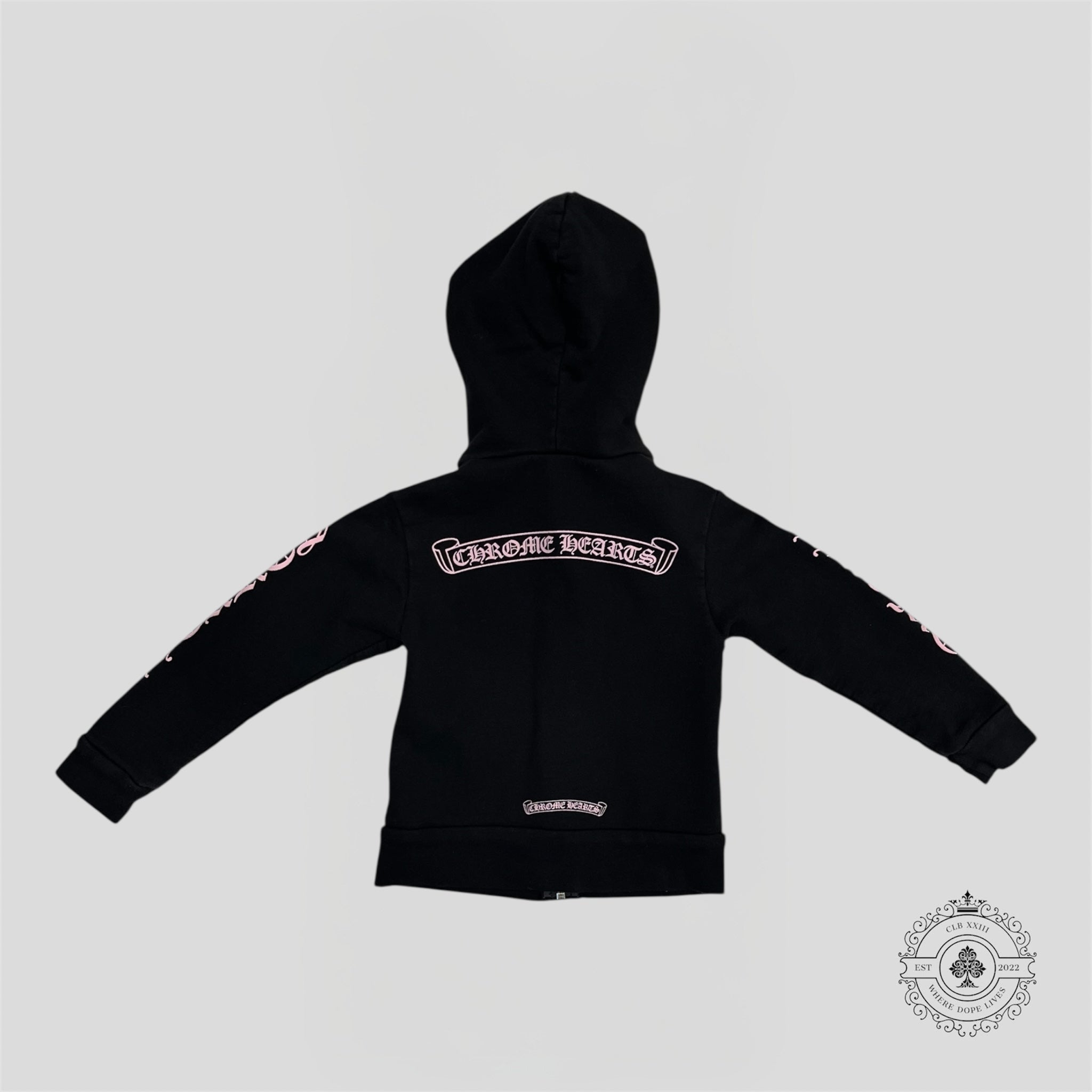 Chrome Hearts Scroll Logo Zip Up Kids Hoodie in Black/Pink