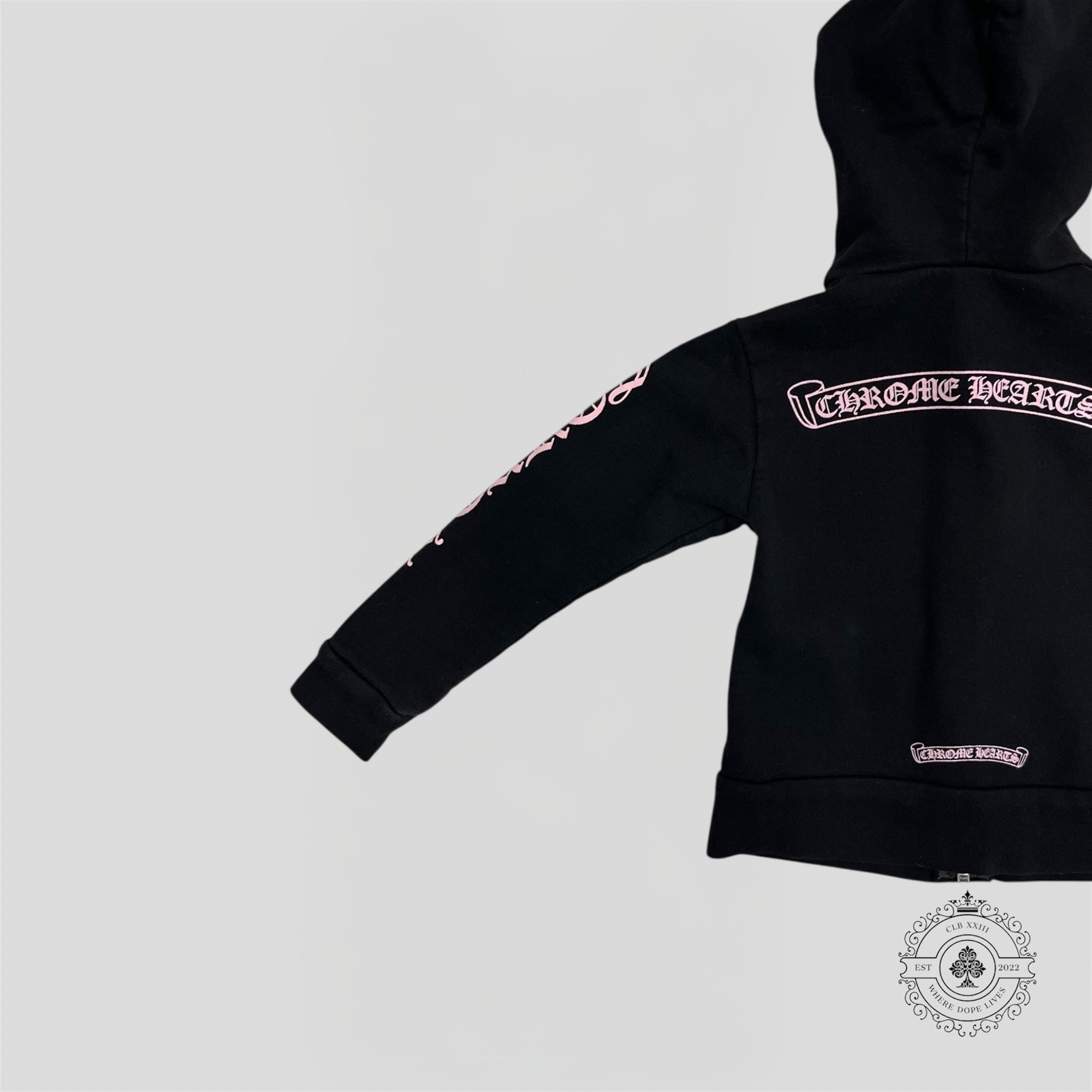 Chrome Hearts Scroll Logo Zip Up Kids Hoodie in Black/Pink