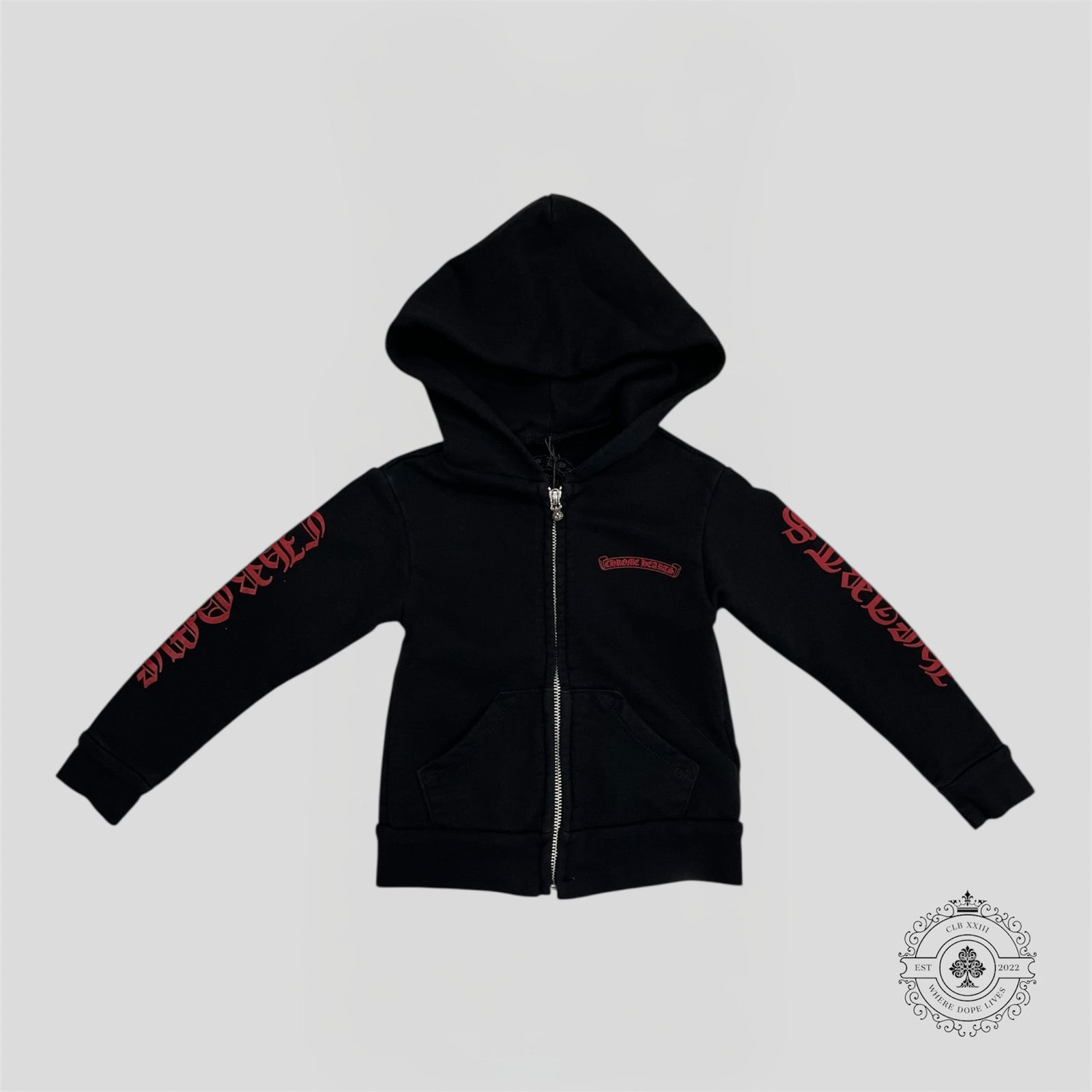 Chrome Hearts Scroll Logo Zip Up Kids Hoodie in Black/Red