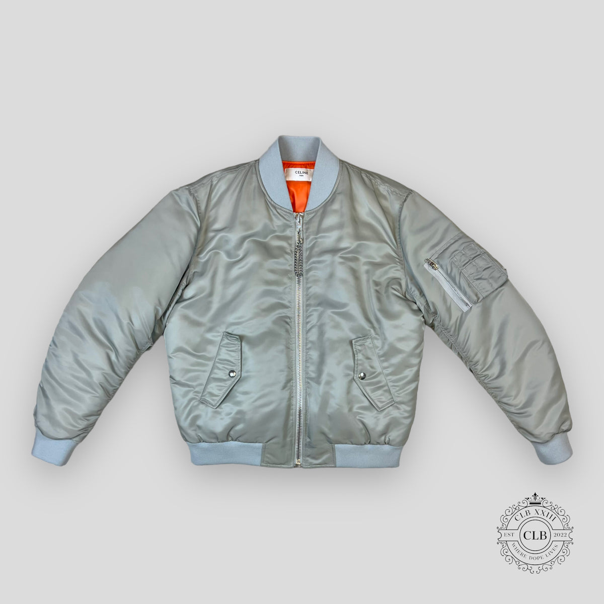 Celine Homme Oversized Chain Logo Bomber in Silver