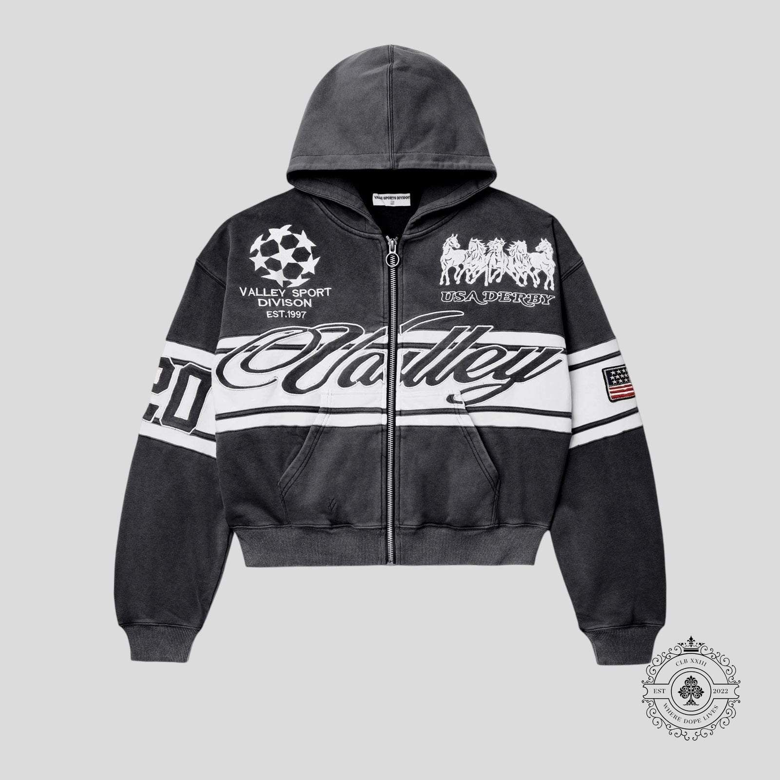 Vale Cursive Zip Up Hoodie in Black