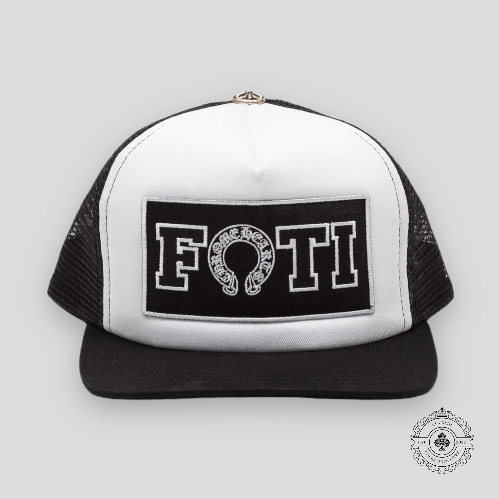 Chrome Hearts Foti Patch Trucker Hat in White / Black