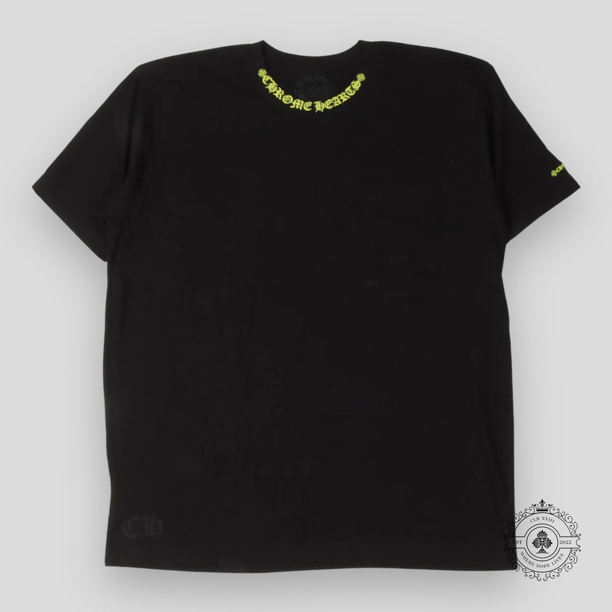 Chrome Hearts Yellow Neck Script Logo Tee in Black
