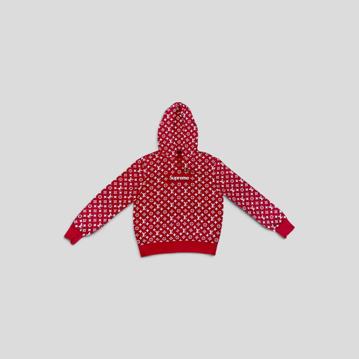 CLB XXIII red Louis Vuitton X Supreme cotton hoodie featuring the iconic monogram pattern and white box logo