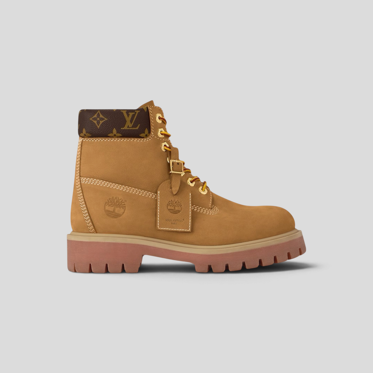 CLB XXIII Louis Vuitton x Timberland ankle boot in tan nubuck leather with monogram collar and gold hardware
