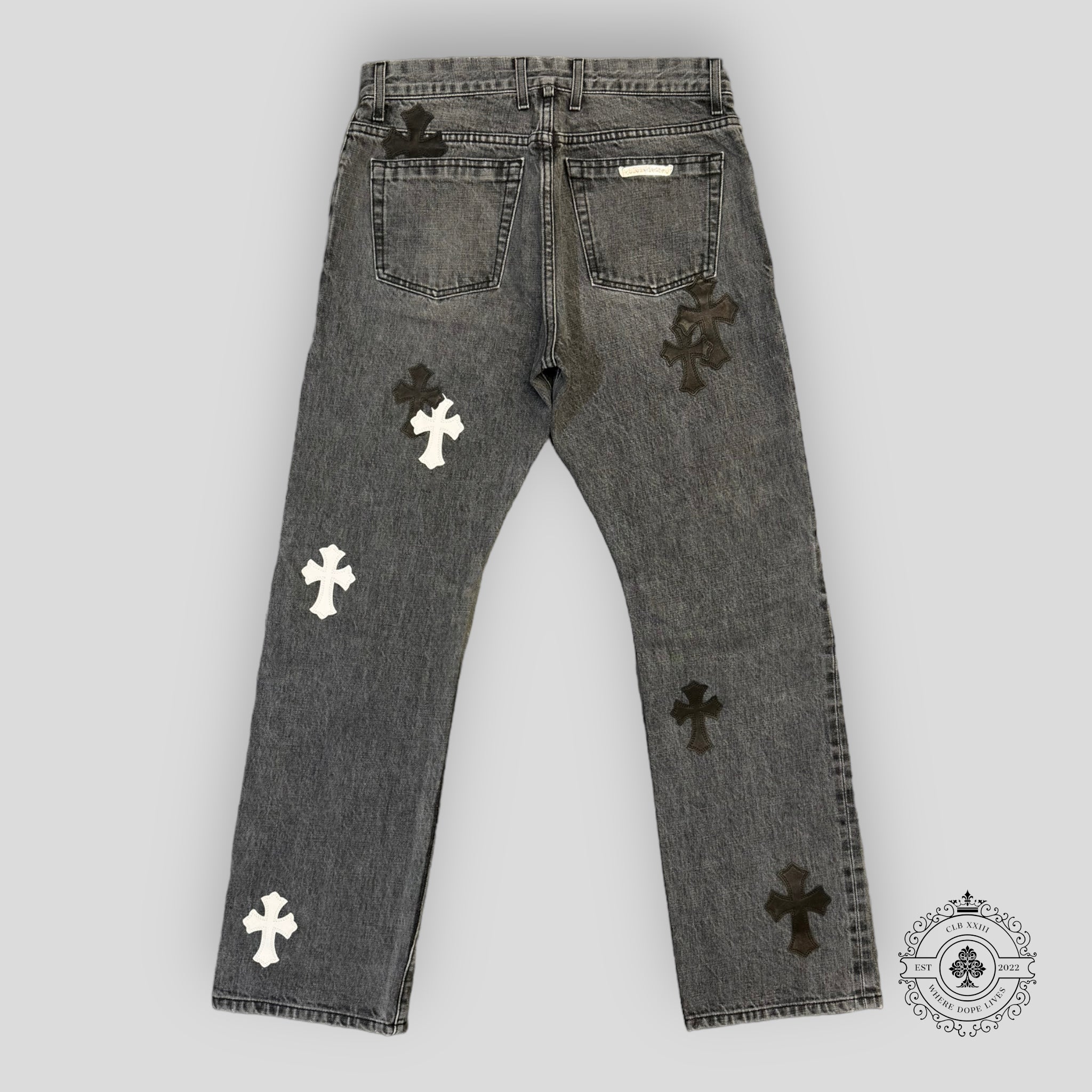 Chrome Hearts Fleur Knee Jeans in Black/White