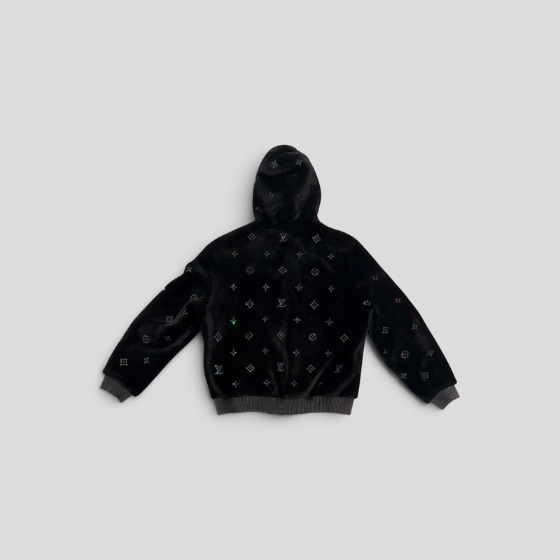 CLB XXIII black shearling hoodie featuring an all-over Louis Vuitton monogram pattern with crystal embellishments.