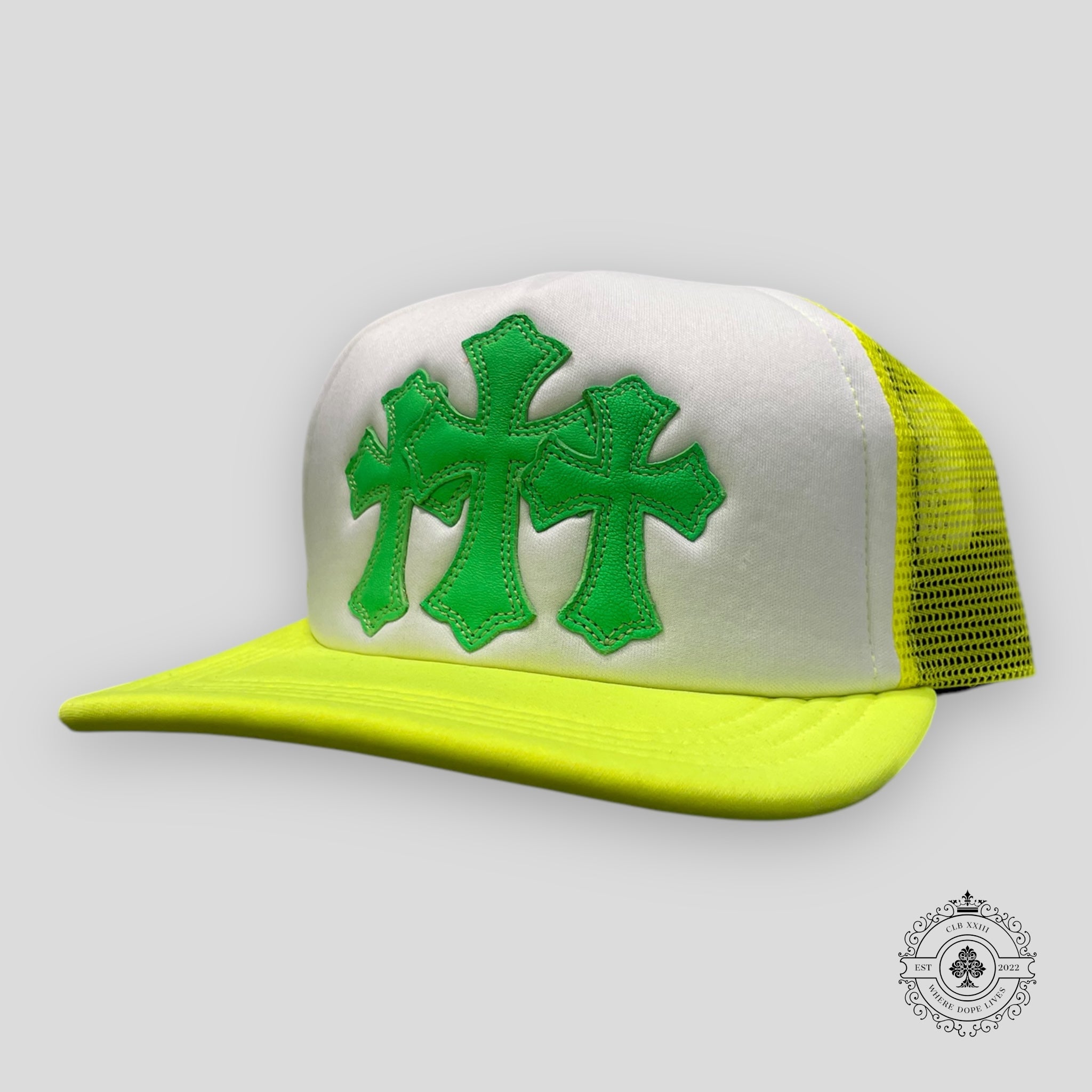 Chrome Hearts Miami Exclusive Cross Patch Trucker Hat in Neon Green