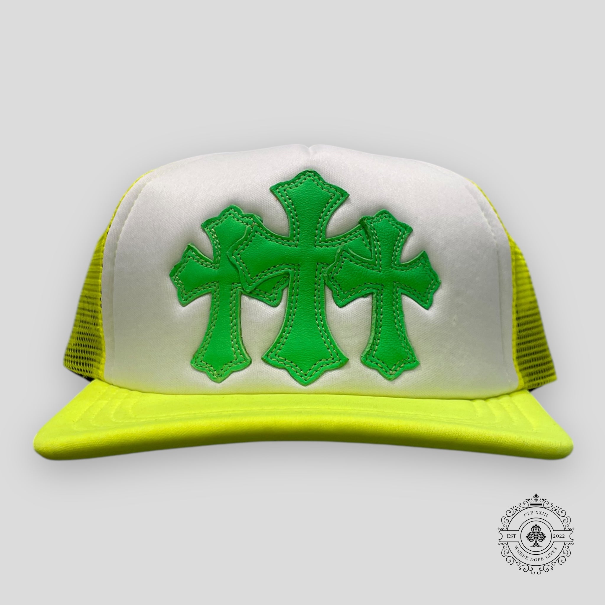 Chrome Hearts Miami Exclusive Cross Patch Trucker Hat in Neon Green
