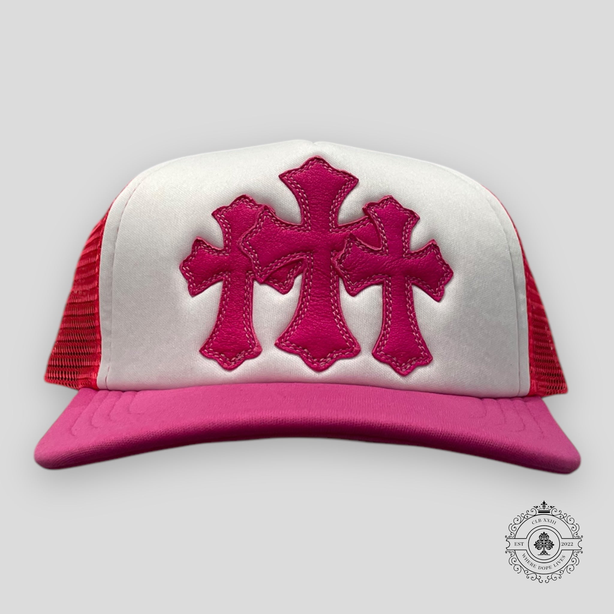Chrome Hearts Miami Exclusive Cross Patch Trucker Hat in Neon Pink