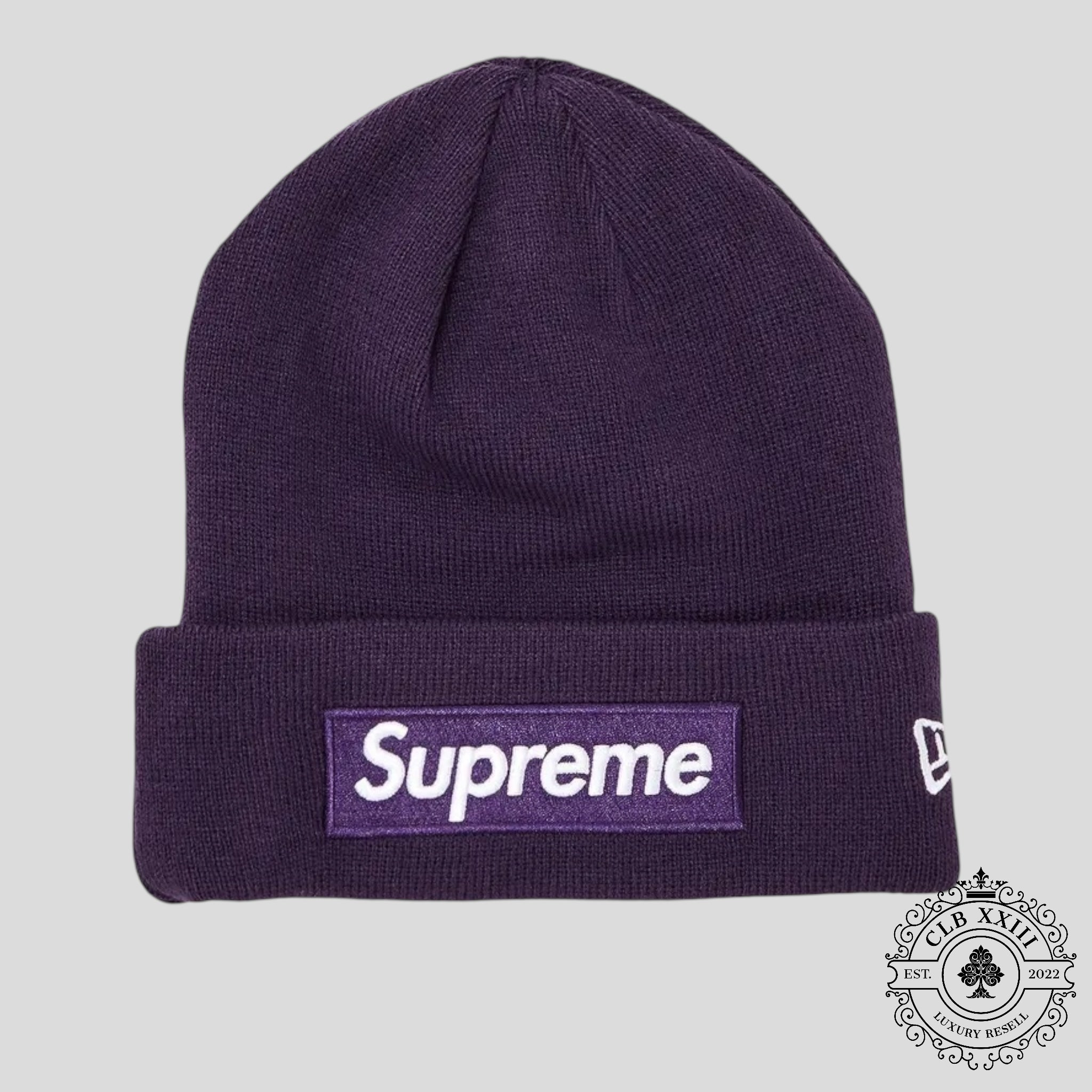 Supreme New Era Box Logo Beanie (FW23) in Dark Purple