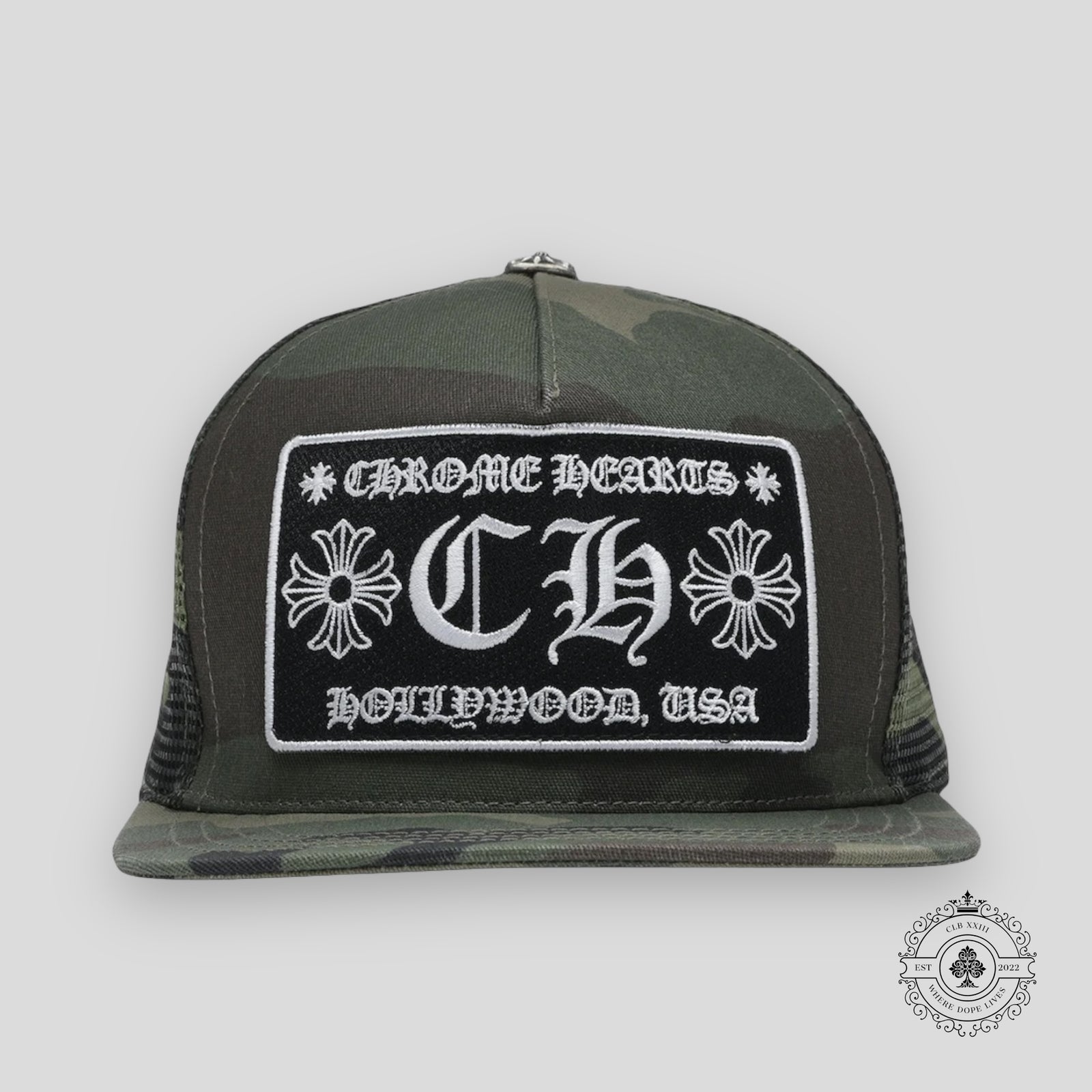Chrome Hearts CH Patch Hollywood Trucker Hat in Camo
