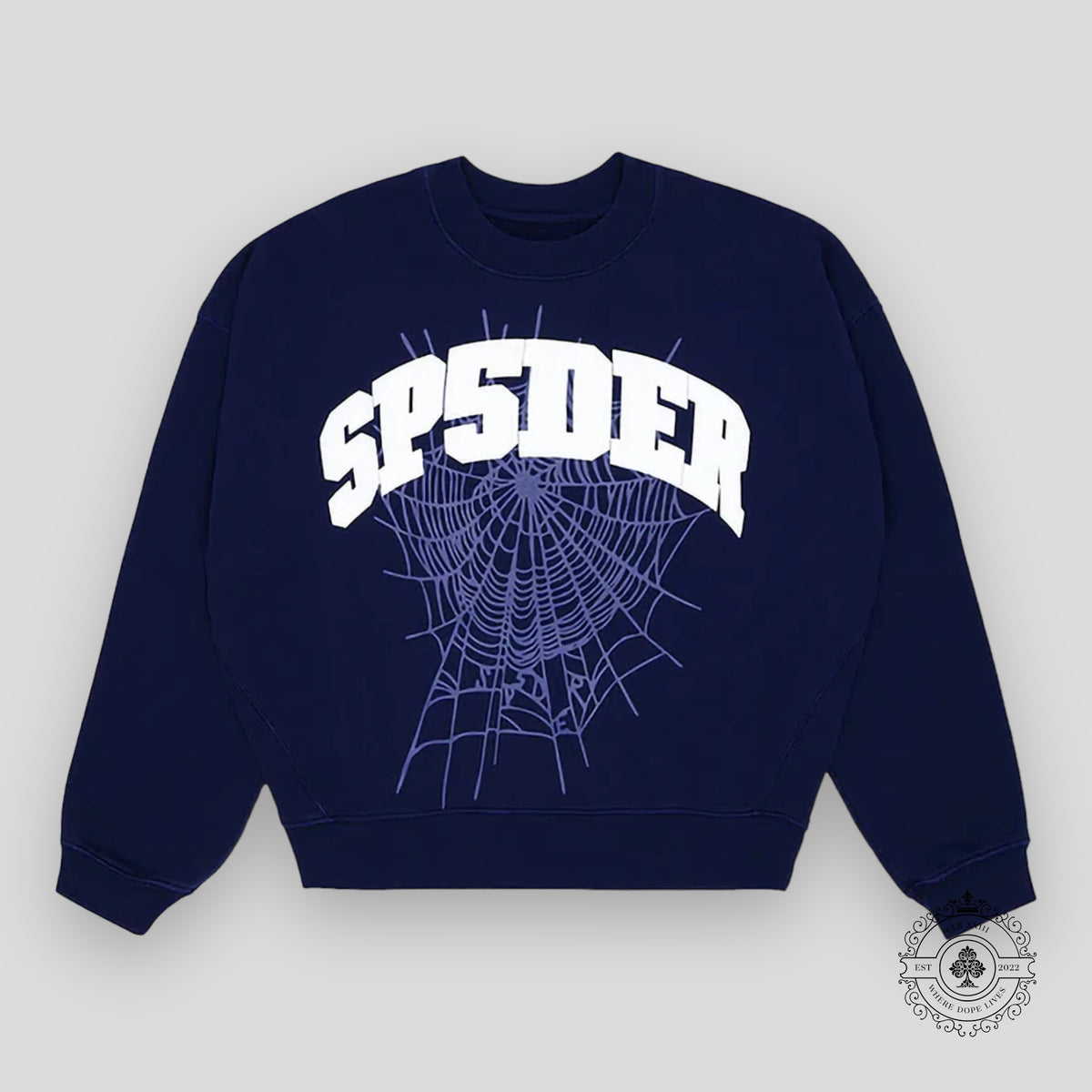 Sp5der Varsity Web Crewneck in Navy Blue