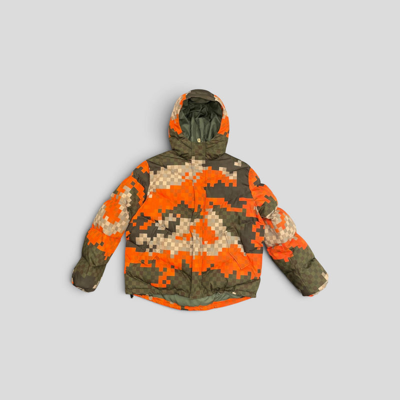 CLB XXIII Louis Vuitton orange and olive green Damoflage pixelated puffer jacket with a hood and polyester finish.