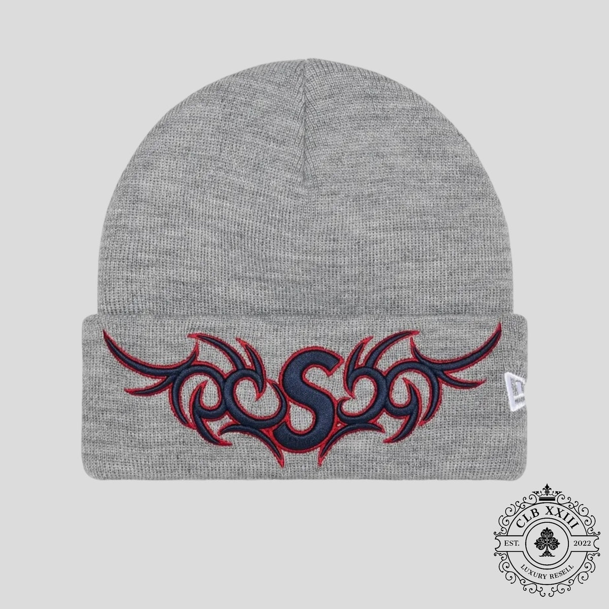 Supreme New Era Tribal S Logo Beanie in Heather Grey