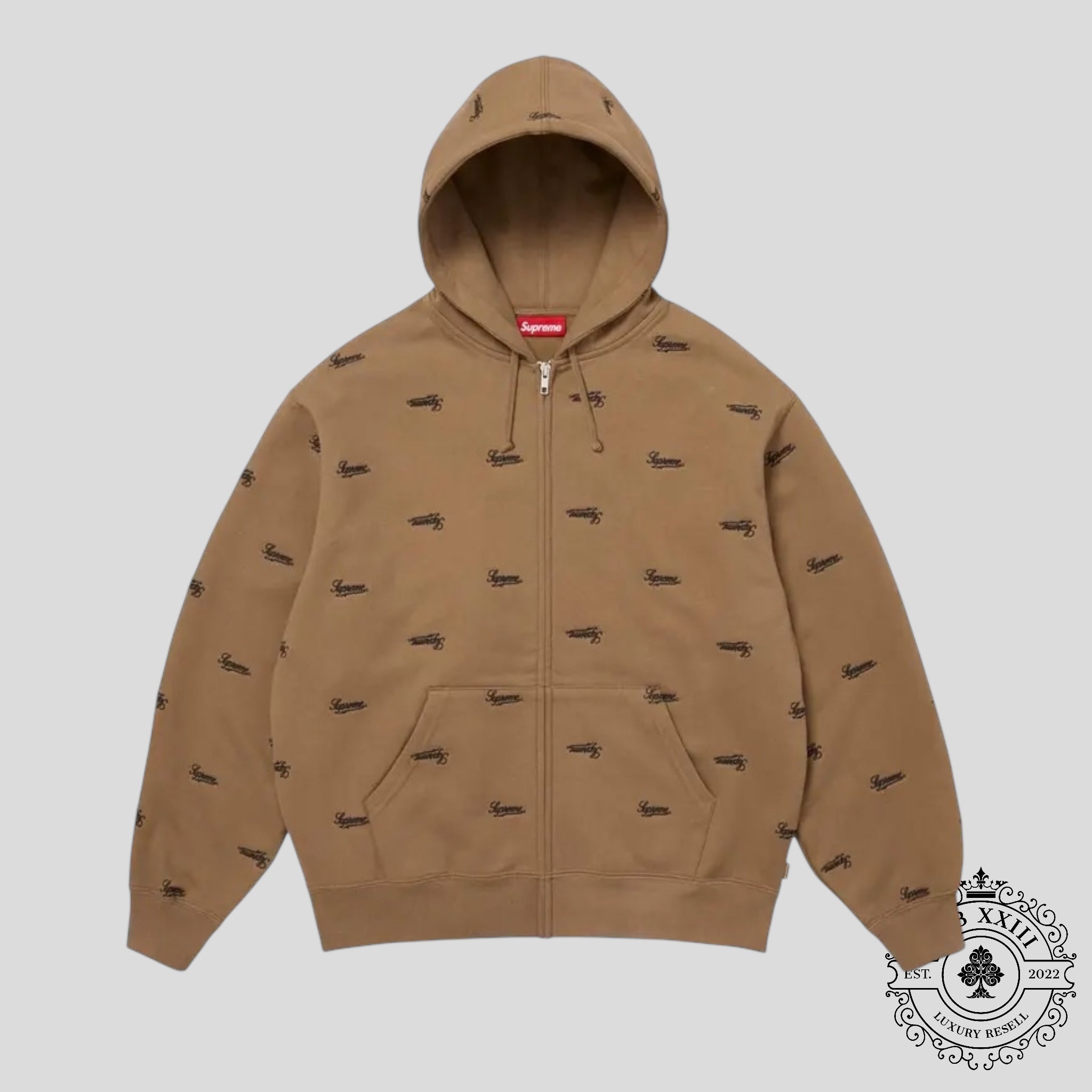 Supreme Repeat Script Zip Up Hooded Sweatshirt in Dark Khaki