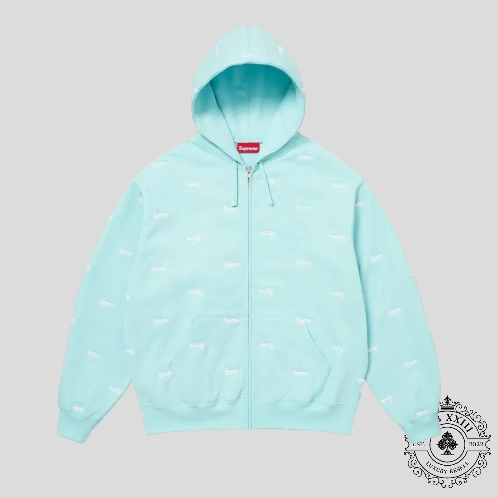 Supreme Repeat Script Zip Up Hooded Sweatshirt in Aqua